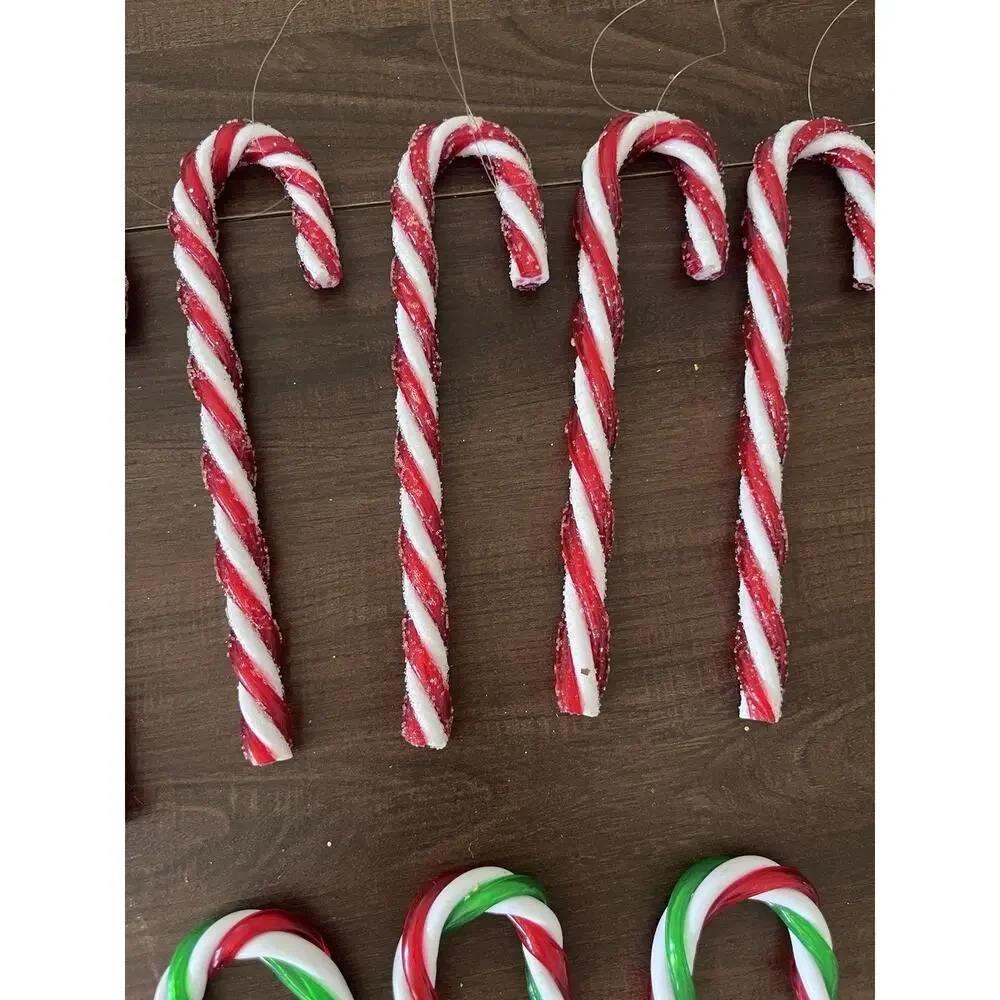 Vintage 8 Christmas Twisted Candy Canes Red White & Green Plastic Sturdy Sugared